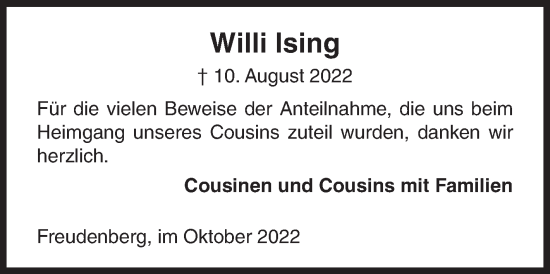 Traueranzeige von Willi Ising von Siegener Zeitung