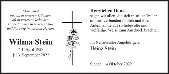 Traueranzeige von Wilma Stein von Siegener Zeitung