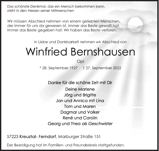 Traueranzeige von Winfried Bernshausen von Siegener Zeitung