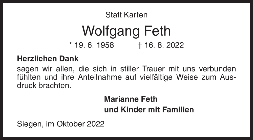  Traueranzeige für Wolfgang Feth vom 01.10.2022 aus Siegener Zeitung