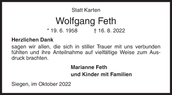 Traueranzeige von Wolfgang Feth von Siegener Zeitung