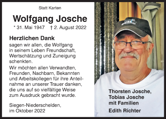 Traueranzeige von Wolfgang Josche von Siegener Zeitung