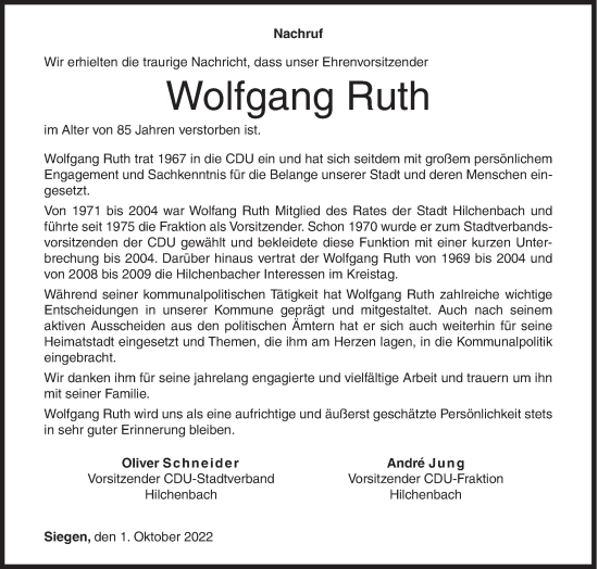 Traueranzeige von Wolfgang Ruth von Siegener Zeitung