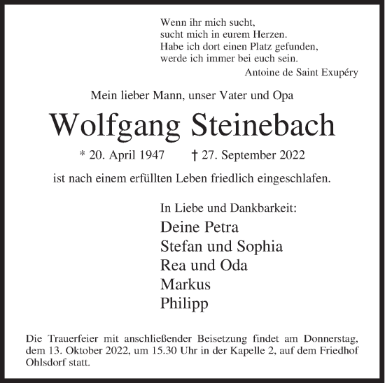 Traueranzeige von Wolfgang Steinebach von Siegener Zeitung