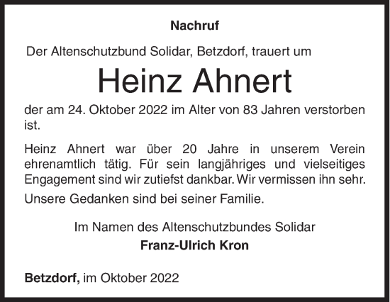 Traueranzeige von Heinz Ahnert von Siegener Zeitung