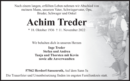 Traueranzeige von Achim Treder von Siegener Zeitung