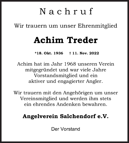 Traueranzeige von Achim Treder von Siegener Zeitung