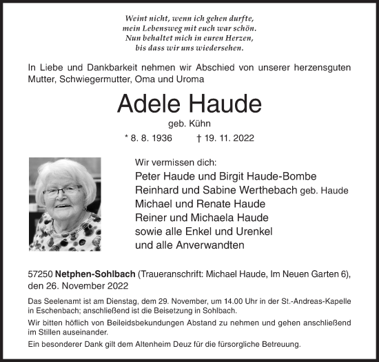 Traueranzeige von Adele Haude von Siegener Zeitung