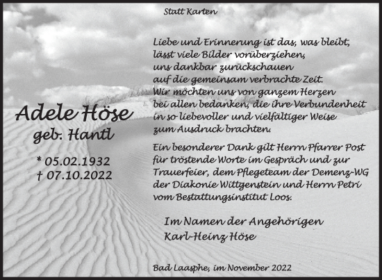 Traueranzeige von Adele Höse von Siegener Zeitung