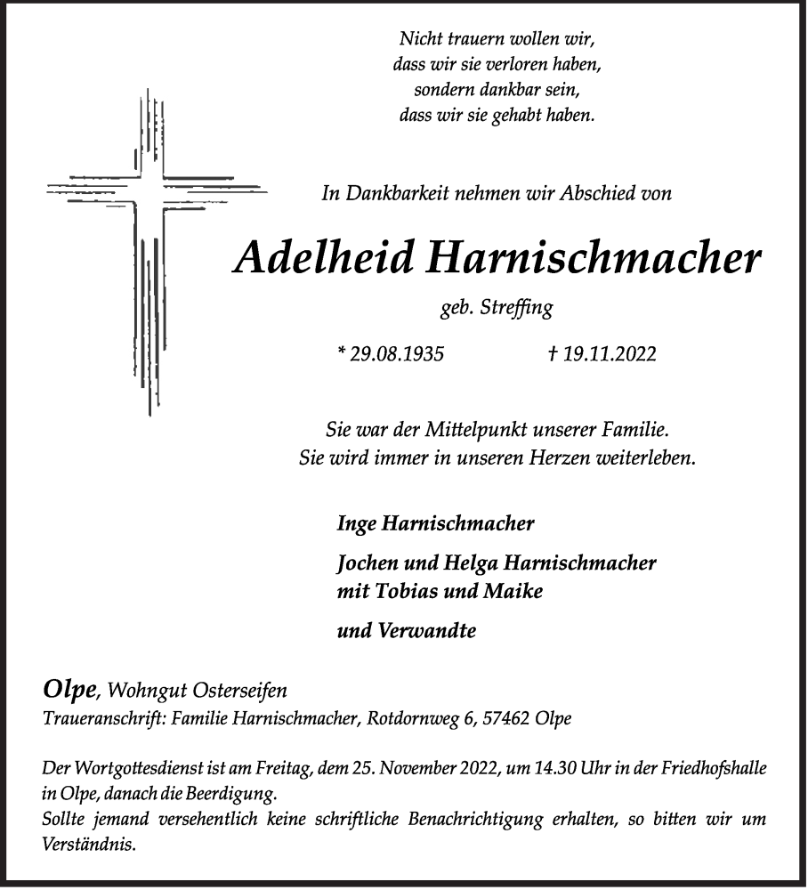  Traueranzeige für Adelheid Harnischmacher vom 22.11.2022 aus Siegener Zeitung