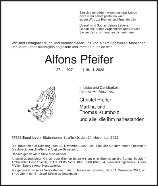 Traueranzeige von Alfons Pfeifer von Siegener Zeitung