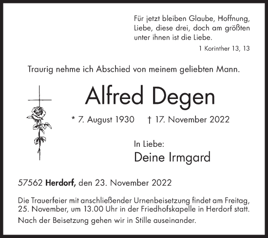 Traueranzeige von Alfred Degen von Siegener Zeitung
