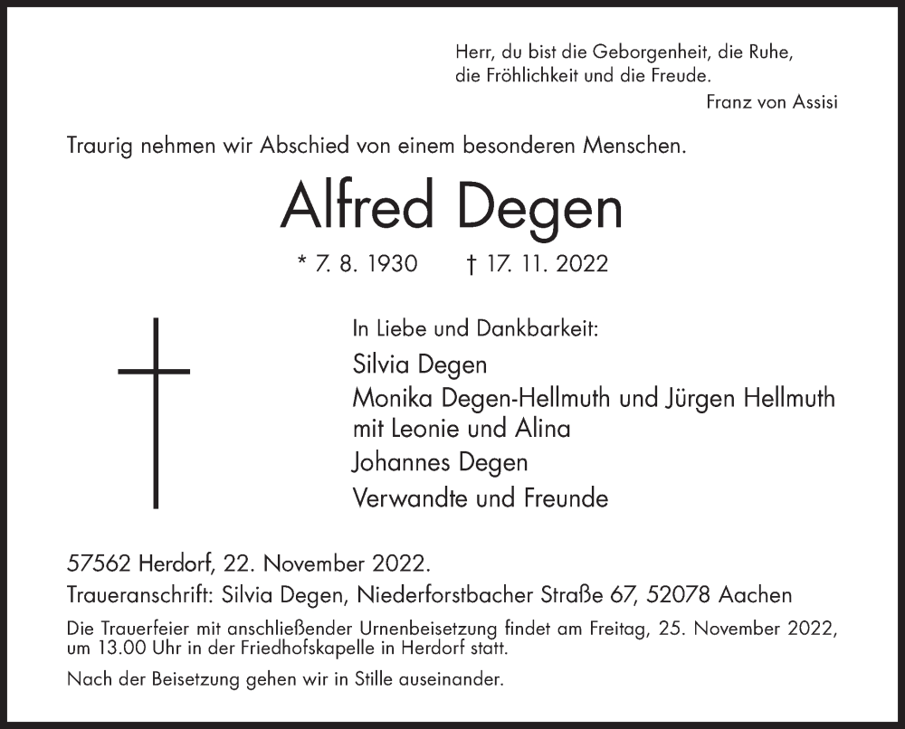  Traueranzeige für Alfred Degen vom 22.11.2022 aus Siegener Zeitung