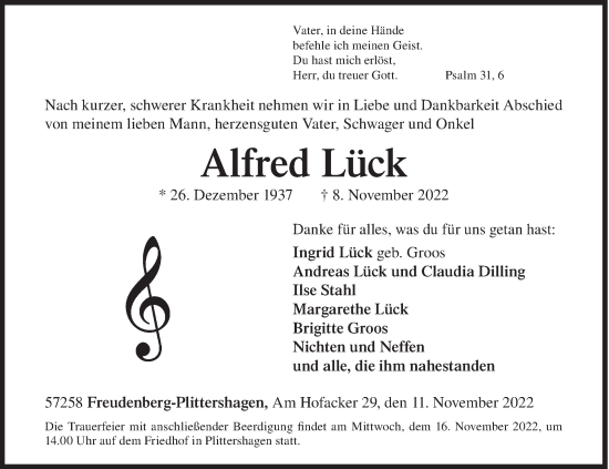Traueranzeige von Alfred Lück von Siegener Zeitung