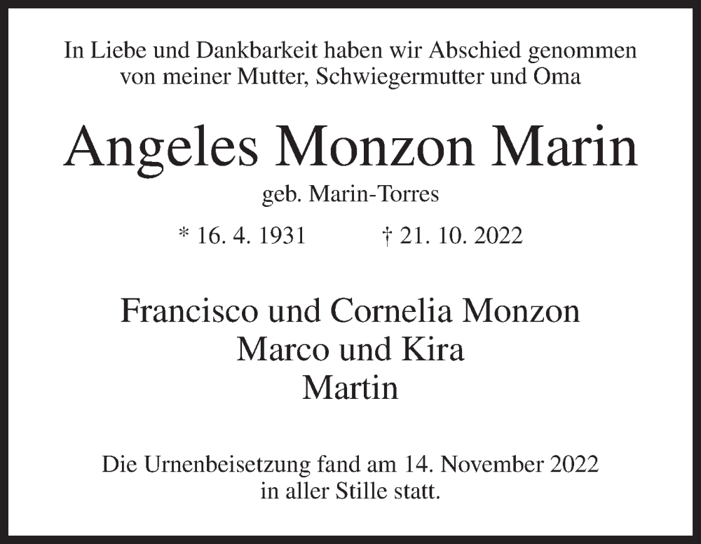  Traueranzeige für Angeles Monzon Marin vom 18.11.2022 aus Siegener Zeitung