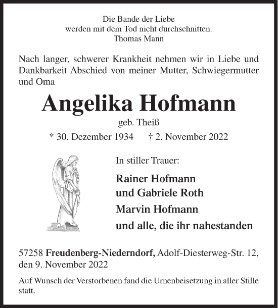 Traueranzeige von Angelika Hofmann von Siegener Zeitung