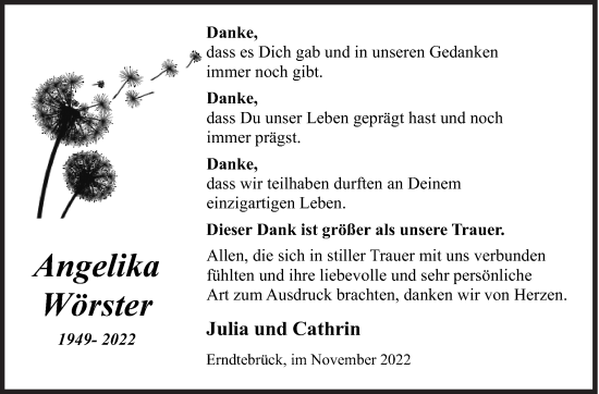 Traueranzeige von Angelika Wörster von Siegener Zeitung