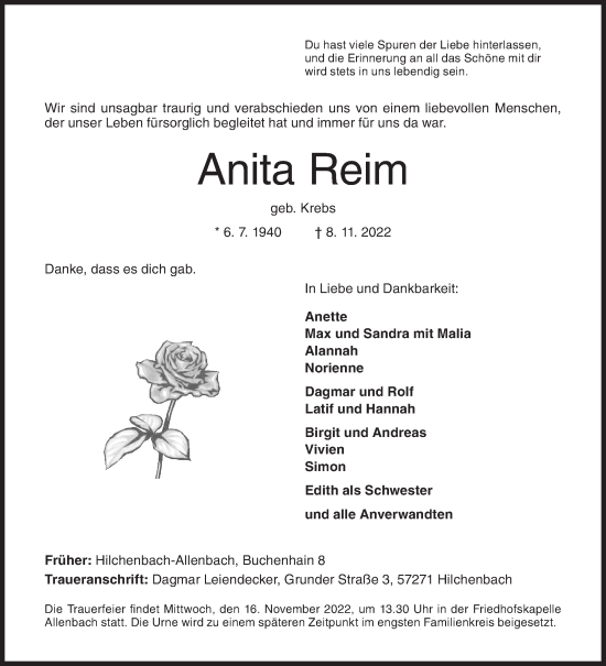 Traueranzeige von Anita Reim von Siegener Zeitung