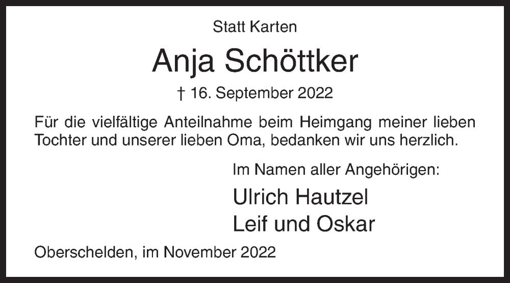  Traueranzeige für Anja Schöttker vom 05.11.2022 aus Siegener Zeitung