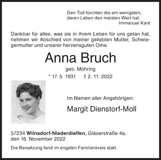 Traueranzeige von Anna Bruch von Siegener Zeitung