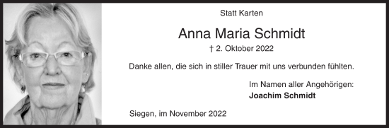 Traueranzeige von Anna Maria Schmidt von Siegener Zeitung