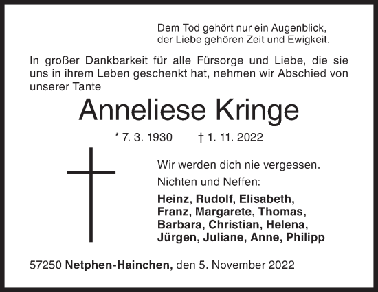 Traueranzeige von Anneliese Kringe von Siegener Zeitung