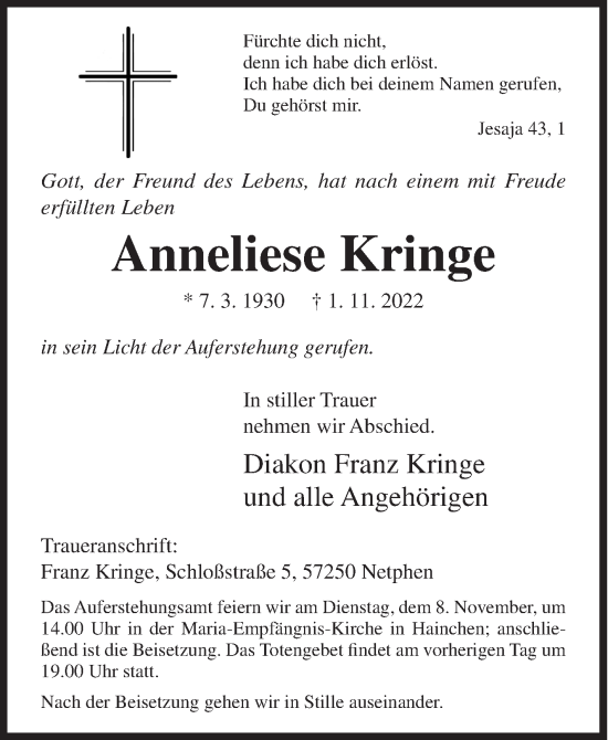 Traueranzeige von Anneliese Kringe von Siegener Zeitung