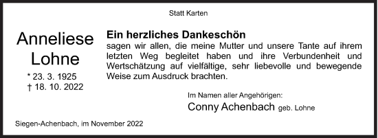 Traueranzeige von Anneliese Lohne von Siegener Zeitung