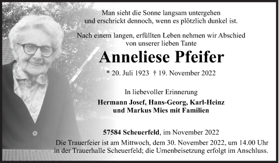 Traueranzeige von Anneliese Pfeifer von Siegener Zeitung