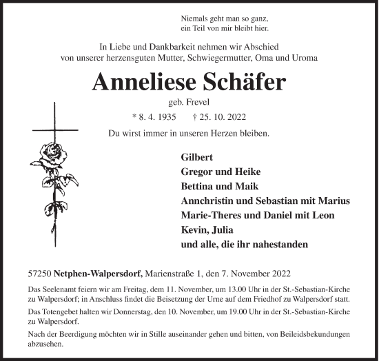 Traueranzeige von Anneliese Schäfer von Siegener Zeitung
