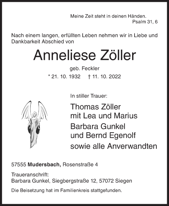 Traueranzeige von Anneliese Zöller von Siegener Zeitung