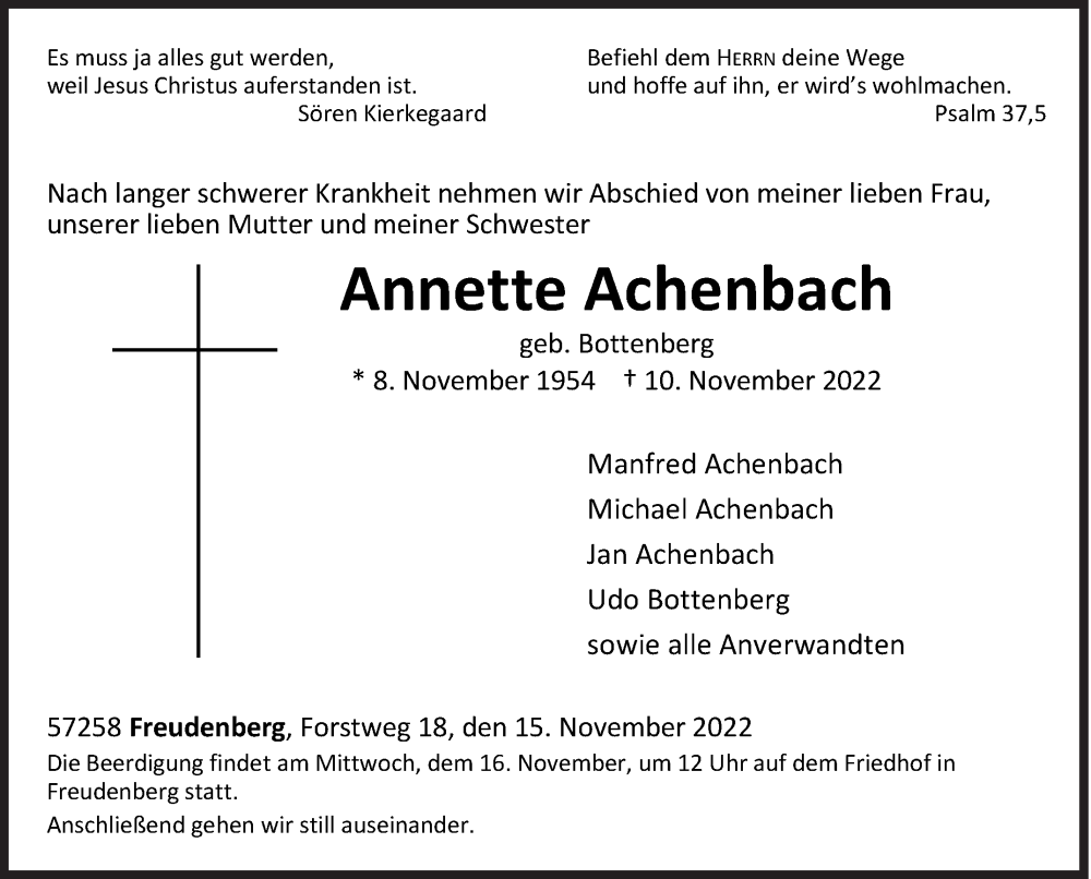  Traueranzeige für Annette Achenbach vom 15.11.2022 aus Siegener Zeitung