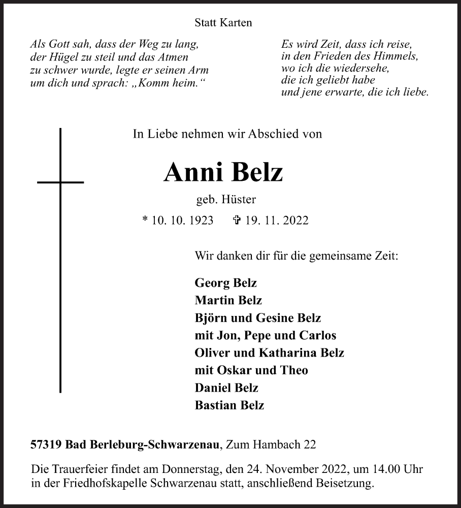  Traueranzeige für Anni Belz vom 22.11.2022 aus Siegener Zeitung
