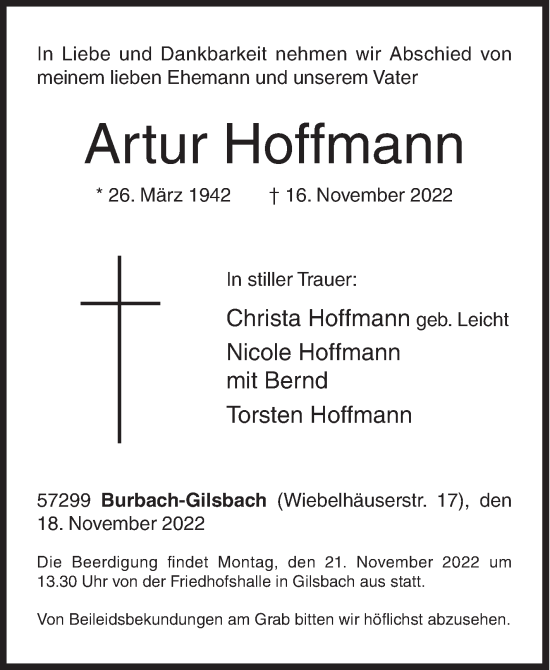 Traueranzeige von Artur Hoffmann von Siegener Zeitung