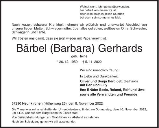 Traueranzeige von Bärbel  Gerhards von Siegener Zeitung