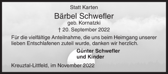 Traueranzeige von Bärbel Schwefler von Siegener Zeitung