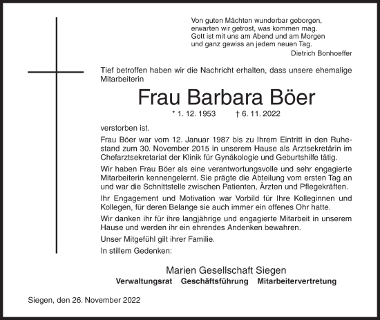 Traueranzeige von Barbara Böer von Siegener Zeitung