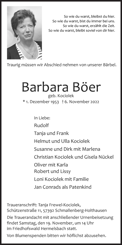 Traueranzeige von Barbara Böer von Siegener Zeitung