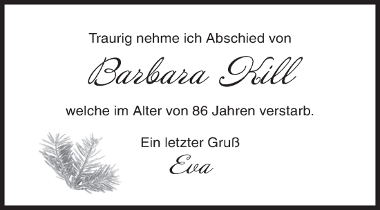 Traueranzeige von Barbara Kill von Siegener Zeitung