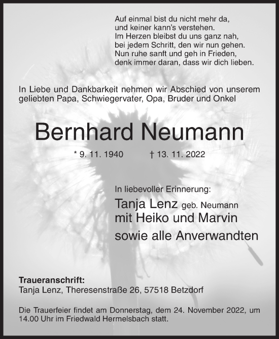 Traueranzeige von Bernhard Neumann von Siegener Zeitung