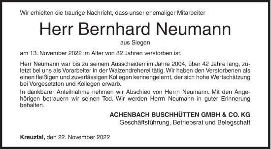 Traueranzeige von Bernhard Neumann von Siegener Zeitung