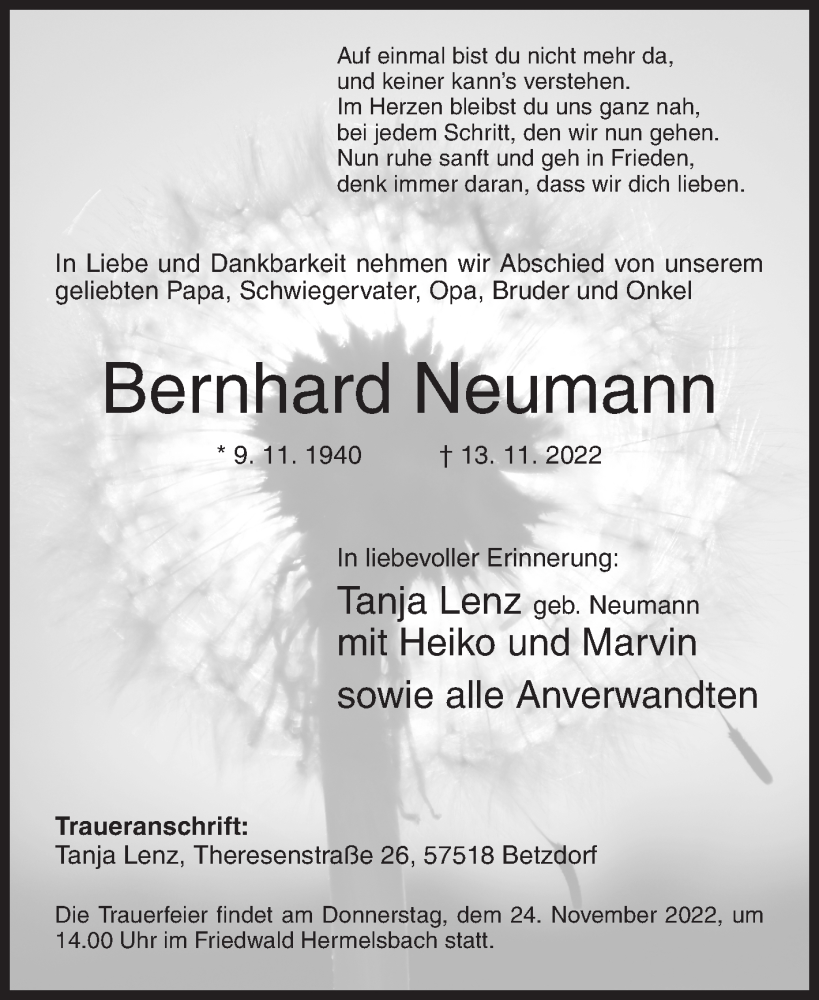 Traueranzeige für Bernhard Neumann vom 19.11.2022 aus Siegener Zeitung