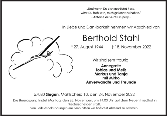 Traueranzeige von Berthold Stahl von Siegener Zeitung
