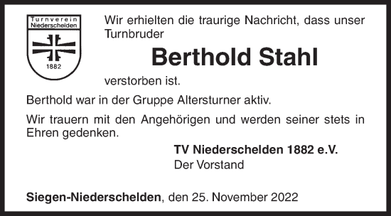 Traueranzeige von Berthold Stahl von Siegener Zeitung
