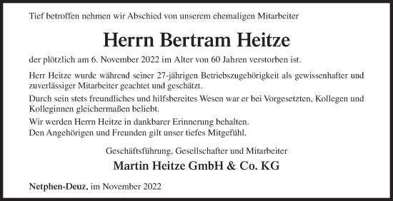 Traueranzeige von Bertram Heitze von Siegener Zeitung