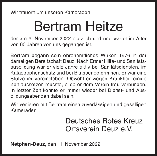 Traueranzeige von Bertram Heitze von Siegener Zeitung