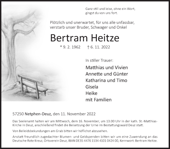 Traueranzeige von Bertram Heitze von Siegener Zeitung