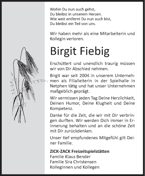 Traueranzeige von Birgit Fiebig von Siegener Zeitung