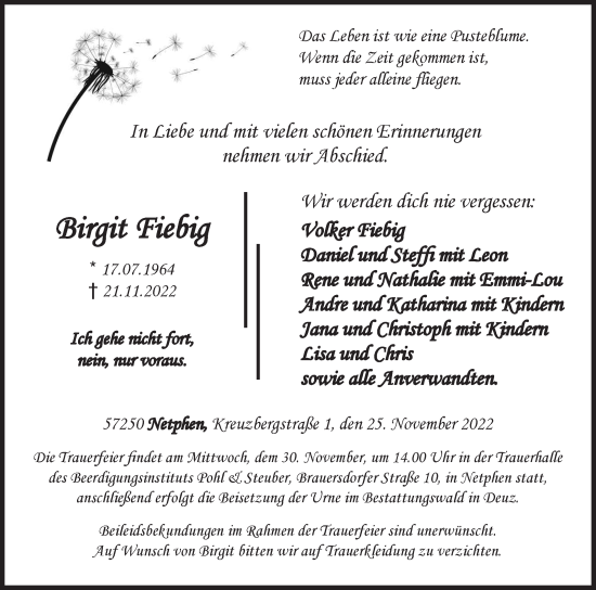 Traueranzeige von Birgit Fiebig von Siegener Zeitung