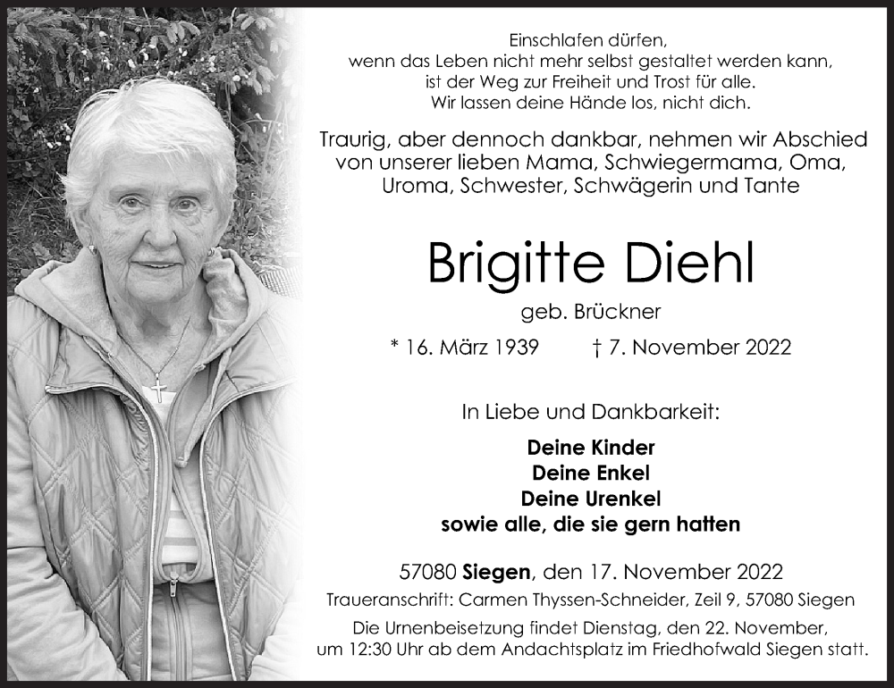  Traueranzeige für Brigitte Diehl vom 17.11.2022 aus Siegener Zeitung